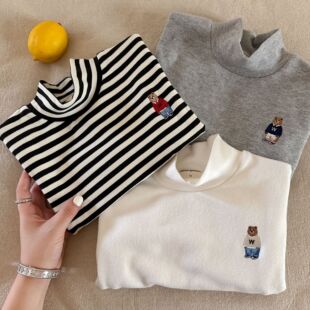 儿童半高领打底衫德绒条纹女童秋衣中小童男童t恤宝宝长袖秋冬衣