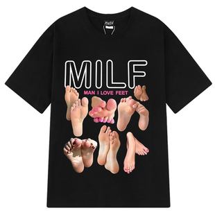 MILF I Love Feet趣味脚印图案印花圆领休闲大码短袖T恤男女上衣