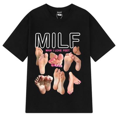 MILF I Love Feet趣味脚印图案印花圆领休闲大码短袖T恤男女上衣