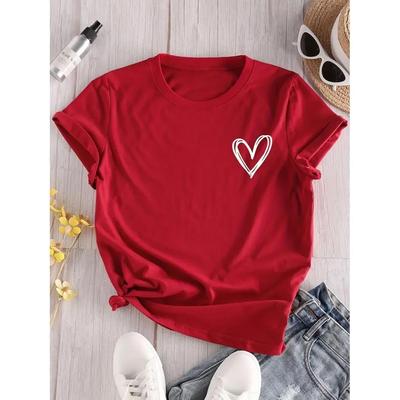 Heart T shirt 夏季女装小清新红色T恤小爱心印花百搭打底衫潮