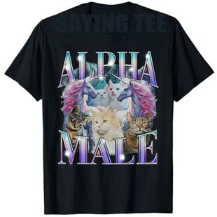 欧美可爱卡通猫咪字母休闲短袖 Alpha Cat Unicorn T恤男上衣 Male