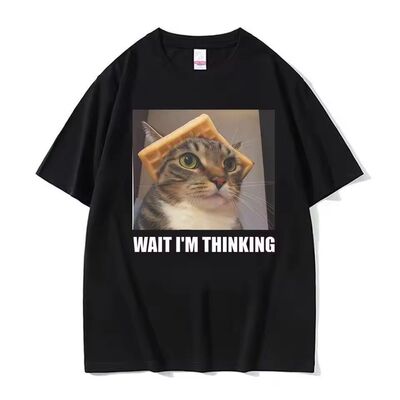 Wait I'm Thinking Cat Meme恶搞卡通猫咪圆领短袖T恤男女上衣
