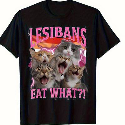 Lesbians Eat What 欧美趣味搞笑卡通猫咪大码男女上衣短袖T恤