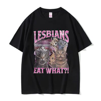 Lesbians Eat What  T-shirt欧美趣味搞笑猫咪字母组合T恤男上衣