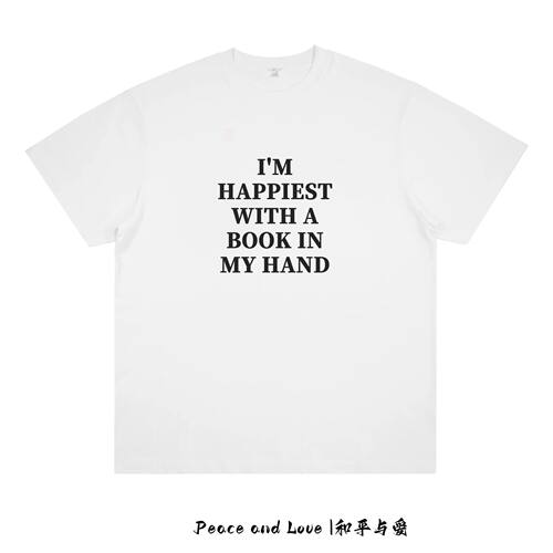 I'M HAPPIEST WITH A BOOK IN MY HAND 美式复古慵懒风印花短袖