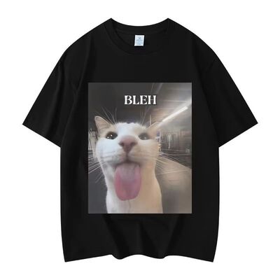 Bleh Funny Cat 欧美搞笑卡通猫咪图案圆领休闲大码纯棉短袖T恤男