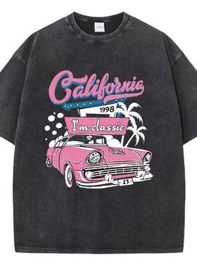 California 1998 I'M Classic欧美创意趣味汽车字母水洗黑纯棉T恤