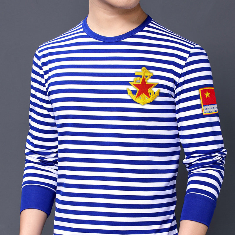 战友聚会定制海魂衫长袖T恤中老年男士蓝白条纹海军衫秋冬打底衫,男装,T恤,淘宝优惠券,粉丝福利购,淘宝优惠卷