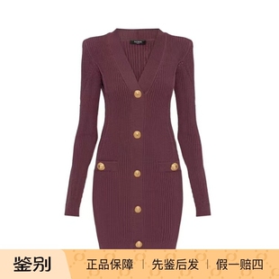 代购 balmain 酒红色金扣v领针织连衣裙正品 25秋冬 FF0R803 巴尔曼