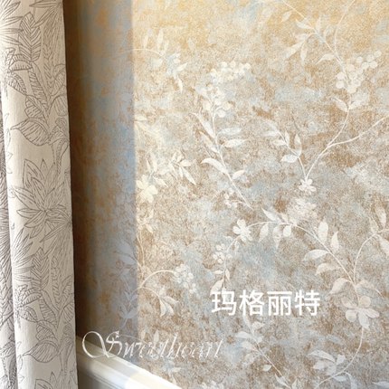玛格丽特 泛微光法式桔梗叶 都泽壁布 美式黄色无缝墙布漫背景墙