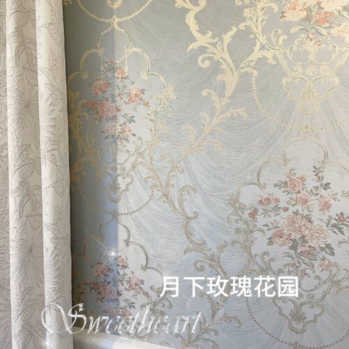 浪漫月下玫瑰花园蓝灰色无缝墙布