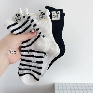 儿童袜子春夏季薄款网眼布标松口袜男女童韩版黑白条纹学生袜网红