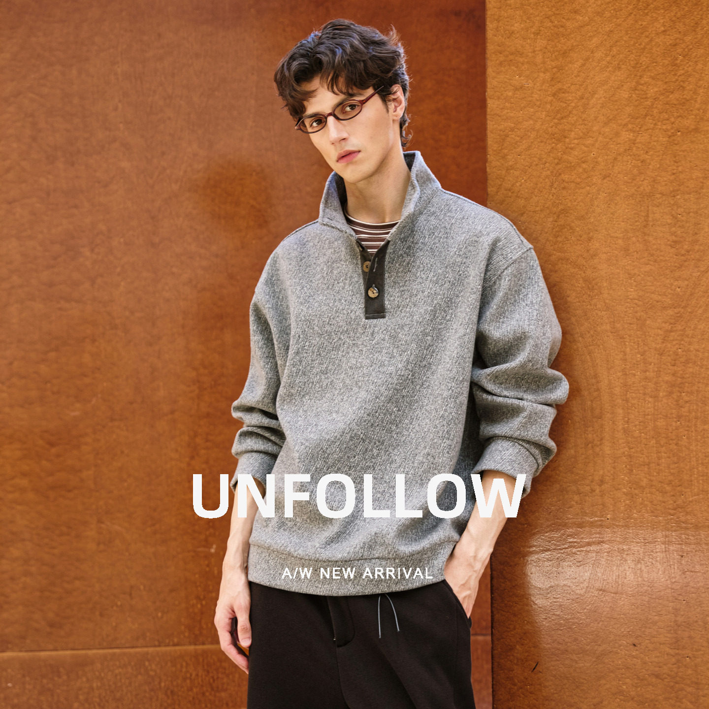 UNFOLLOW醋酸羊毛混纺半开扣立领卫衣男秋季新款套头衫潮休闲上衣