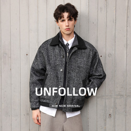 UNFOLLOW羊毛混纺撞色翻领粗花呢夹克男秋季高级感短款外套上衣潮