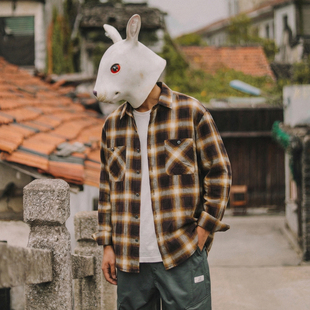 兔先森春秋季长绒棉格子长袖衬衫外套男士百搭休闲衬衣潮流上衣服