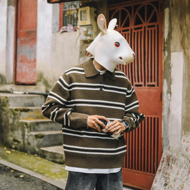 兔先森polo条纹宽松毛线衣针织衫