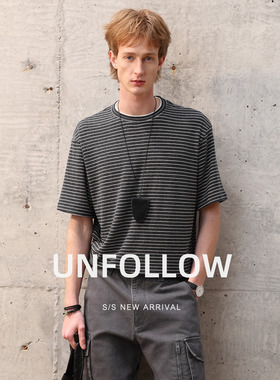 UNFOLLOW假两件细条纹短袖T恤男夏季高级感半截袖体恤宽松上衣潮