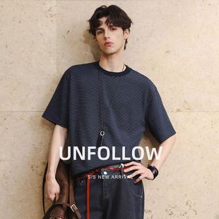 UNFOLLOW内里撞色条纹短袖T恤男夏季新款半截袖体恤高级感上衣潮