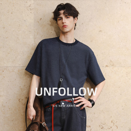 UNFOLLOW内里撞色条纹短袖T恤男夏季新款半截袖体恤高级感上衣潮
