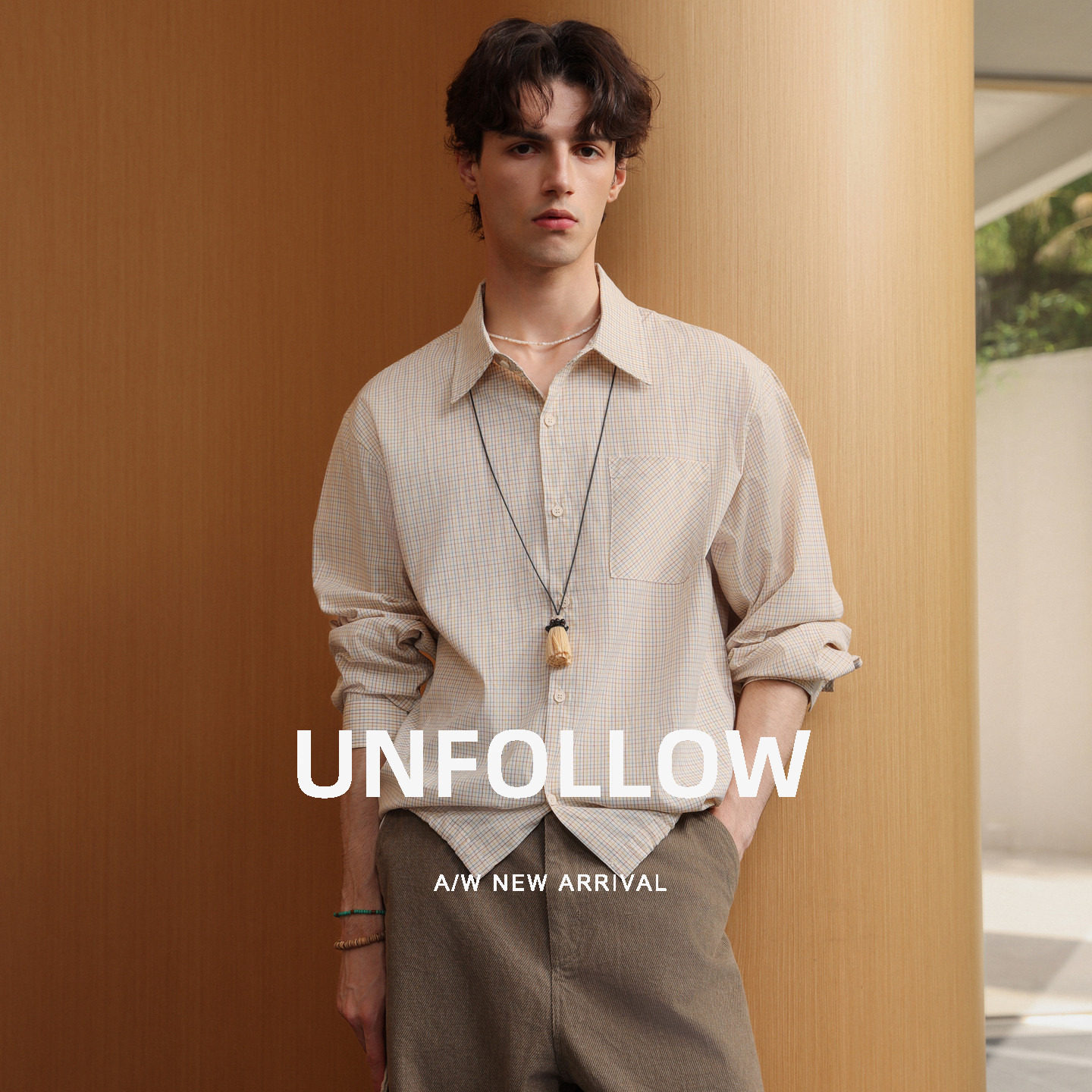 UNFOLLOW浅格纹长袖衬衫男士秋季新款休闲翻领衬衣宽松叠穿上衣潮