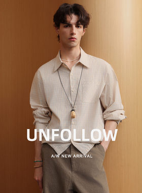 UNFOLLOW浅格纹长袖衬衫男士秋季新款休闲翻领衬衣宽松叠穿上衣潮
