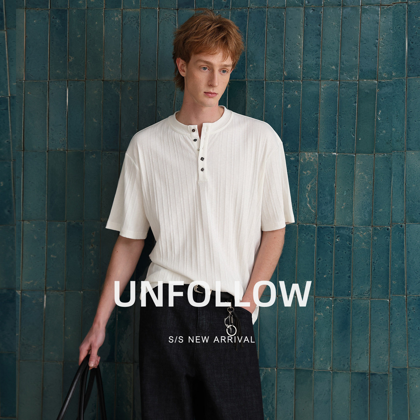 UNFOLLOW亨利领肌理感短袖T恤男夏季新款开领半截袖体恤宽松上衣