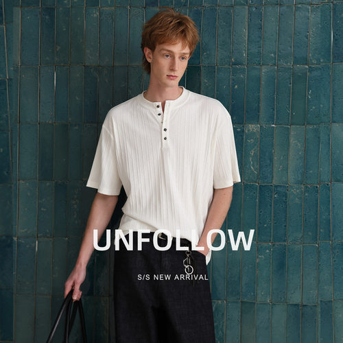 UNFOLLOW亨利领肌理感短袖T恤男夏季新款开领半截袖体恤宽松上衣