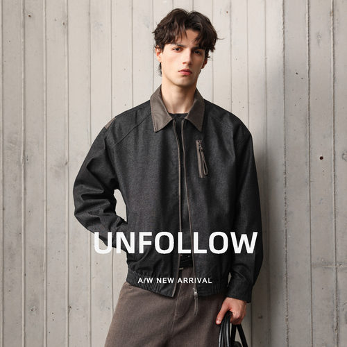 UNFOLLOW拼皮翻领工装夹克男春秋新款复古休闲外套宽松短款上衣潮