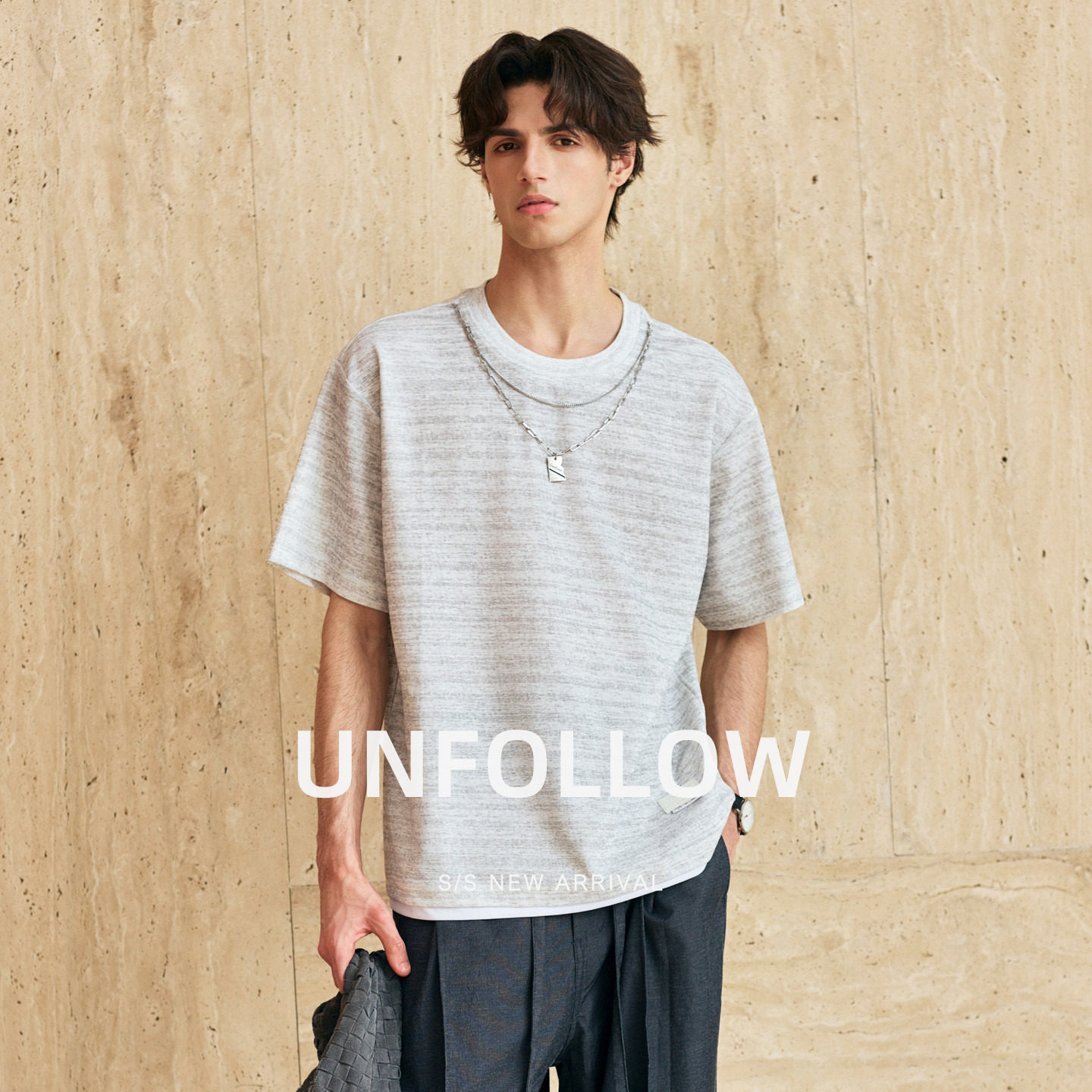 UNFOLLOW项链装饰条纹假两件短袖T恤男夏季宽松日常休闲百搭上衣