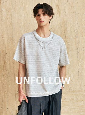 UNFOLLOW项链装饰条纹假两件短袖T恤男夏季宽松日常休闲百搭上衣