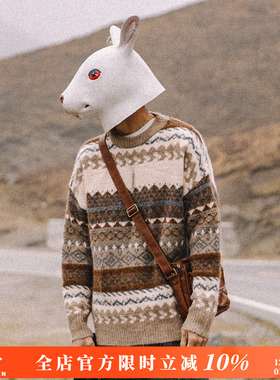 兔先森秋冬新款民族风日系复古外衣针织衫情侣装韩版宽松毛衣男潮
