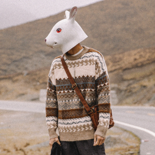 韩版 情侣装 宽松毛衣男潮 民族风日系复古外衣针织衫 兔先森秋冬新款