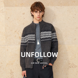 UNFOLLOW 立领费尔岛提花开衫毛衣男秋季新款民族风针织外套上衣