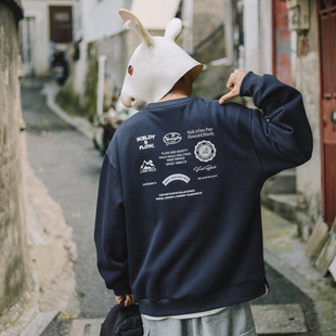 兔先森日系复古后背印花假两件卫衣男女cityboy潮流运动休闲上衣