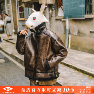 兔先森冬季 日系皮毛一体加绒加厚棉衣服男女痞帅机车皮衣棉袄外套