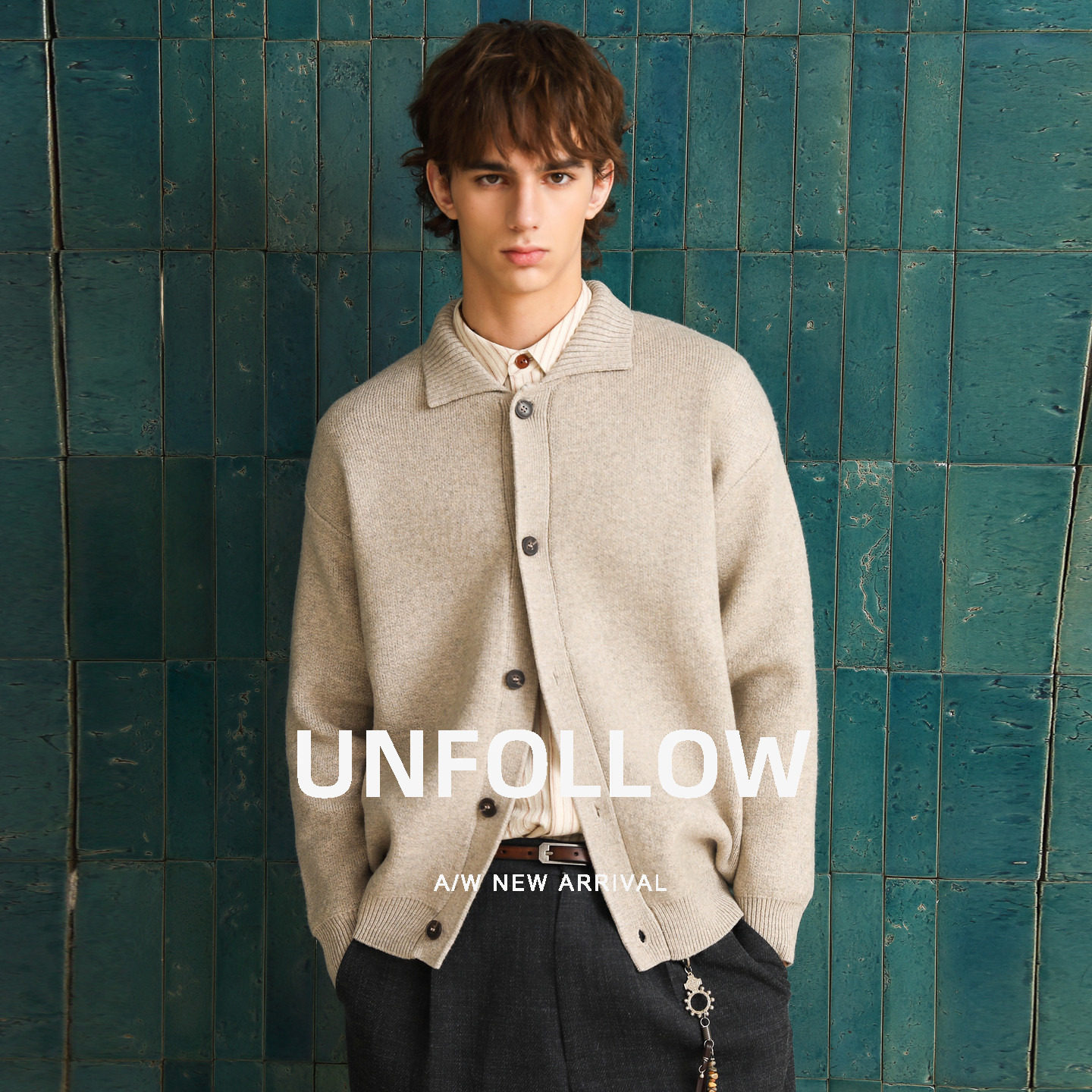 【羊毛混纺】UNFOLLOW翻领纯色针织开衫男春秋新款落肩毛衣外套潮