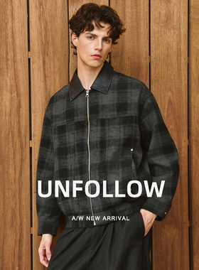 UNFOLLOW 翻领做旧格纹皮夹克男春秋季新款高级感外套宽松上衣潮