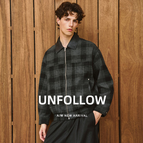 UNFOLLOW 翻领做旧格纹皮夹克男春秋季新款高级感外套宽松上衣潮