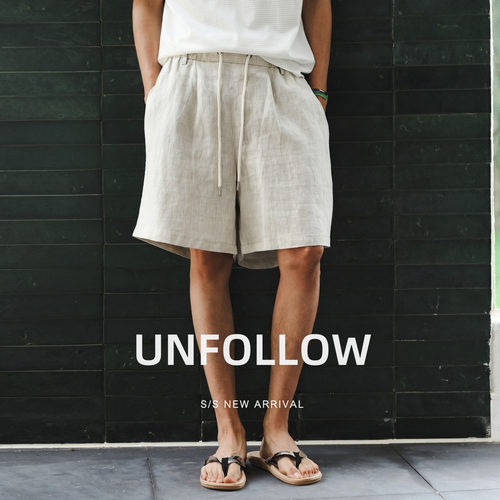 UNFOLLOW亚麻100%休闲短裤男夏季新款高级感极简风直筒五分中裤潮
