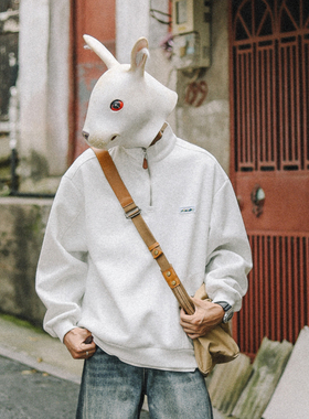 兔先森春秋季日系潮牌绣标半拉链立领卫衣男宽松休闲情侣百搭上衣