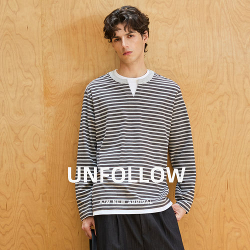 UNFOLLOW 条纹假两件长袖T恤男春秋新款高级感内搭体恤休闲上衣潮