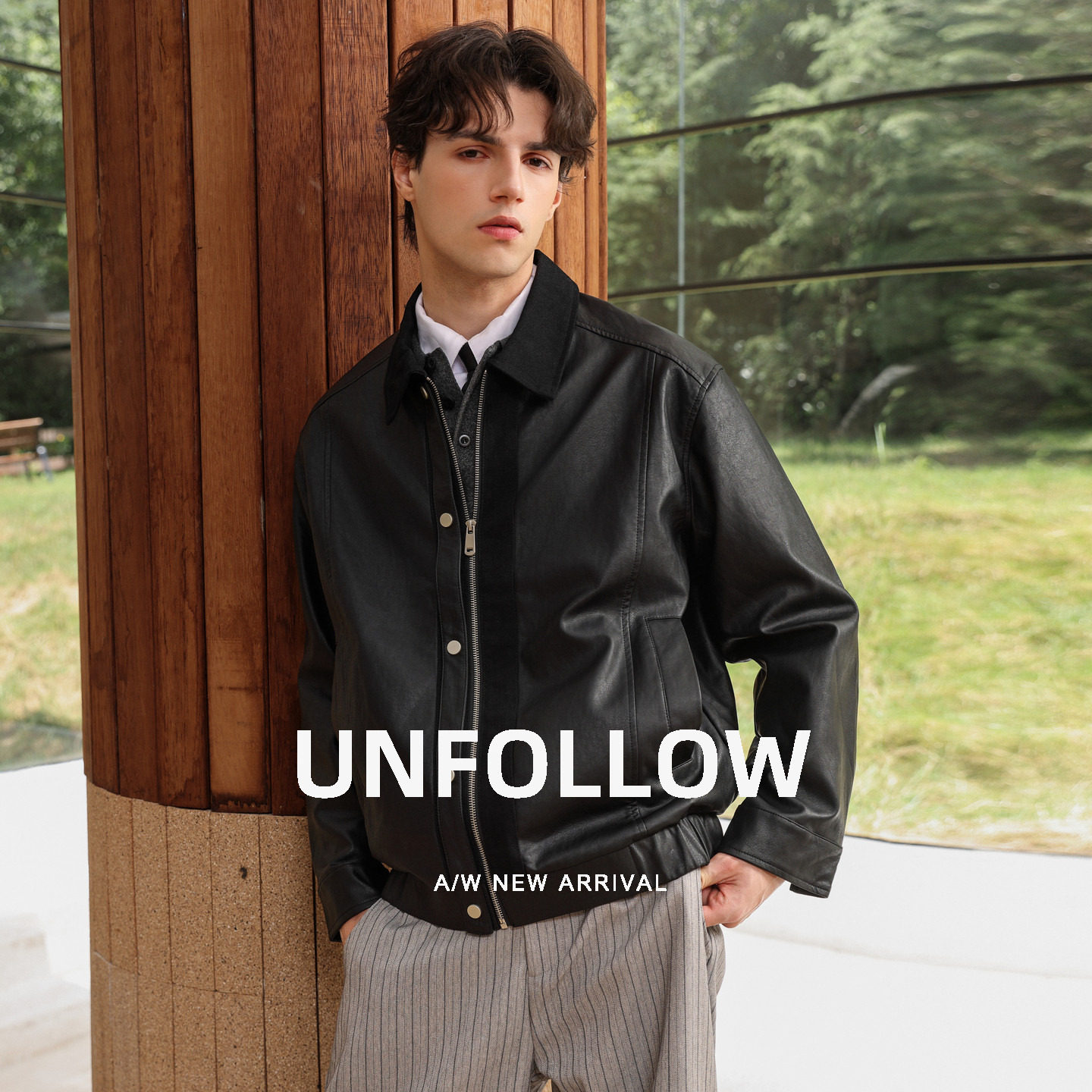 UNFOLLOW翻领休闲皮夹克男春秋新款复古通勤外套宽松短款潮流上衣图片