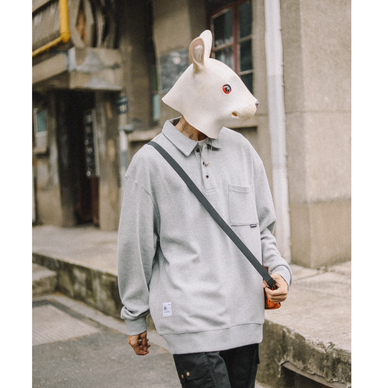 兔先森春秋日系学院风重磅纯棉长袖Polo领卫衣男宽松休闲口袋上衣