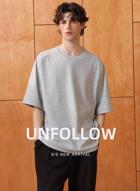 UNFOLLOW棉弹复合落肩短袖T恤男夏季新款半截袖体恤纯色宽松上衣