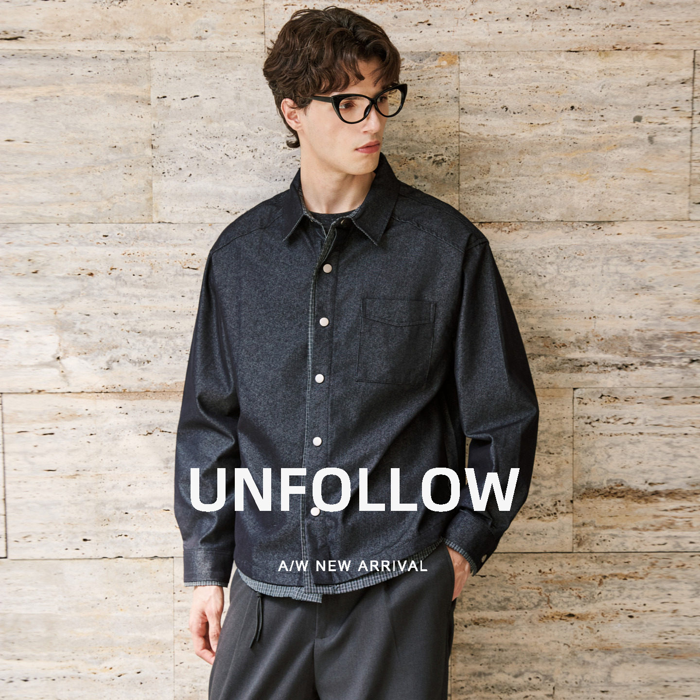 UNFOLLOW 牛仔长袖衬衫男春秋新款高级感叠穿短款衬衣宽松上衣潮