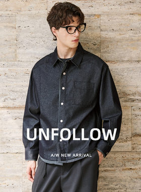 UNFOLLOW 牛仔长袖衬衫男春秋新款高级感叠穿短款衬衣宽松上衣潮