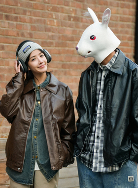 兔先森春秋季日系复古PU皮夹克男士潮流痞帅翻领休闲情侣皮衣外套