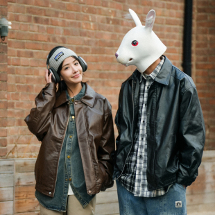 兔先森春秋季 潮流痞帅翻领休闲情侣皮衣外套 日系复古PU皮夹克男士