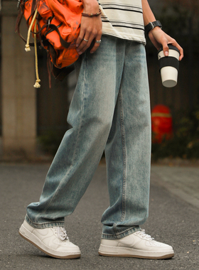 兔先森2026新款美式复古牛仔裤男宽松潮牌直筒裤子水洗磨白休闲裤