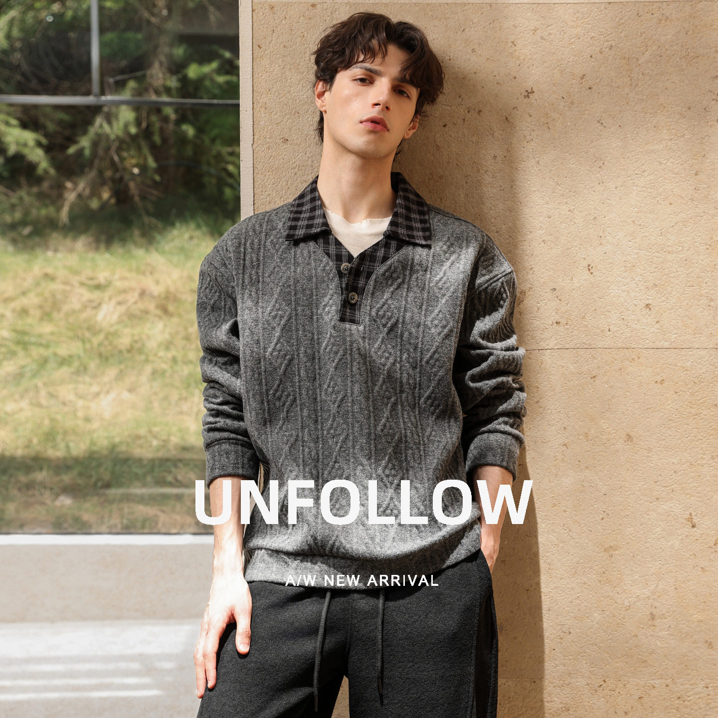 UNFOLLOW羊毛混纺格纹翻领提花卫衣男秋季假两件Polo上衣针织衫潮